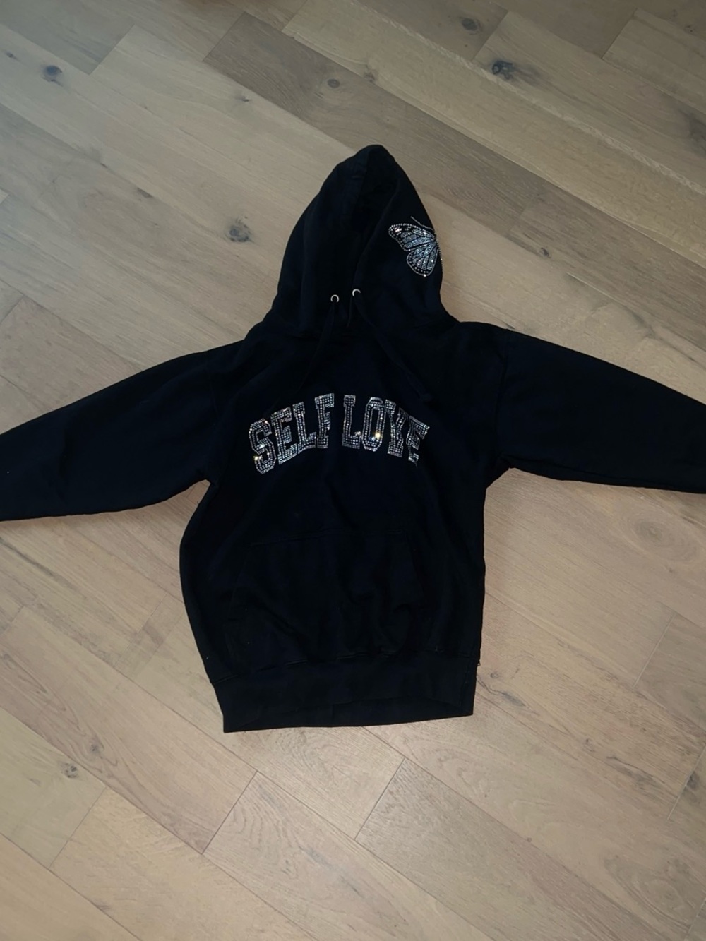 Black "Self Love" Hoodie with Embellished Butterfly
